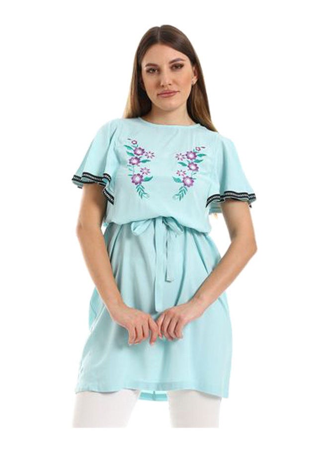 M.SOU - Ice Blue Dress With Stitched Chest Flowers - Image 1