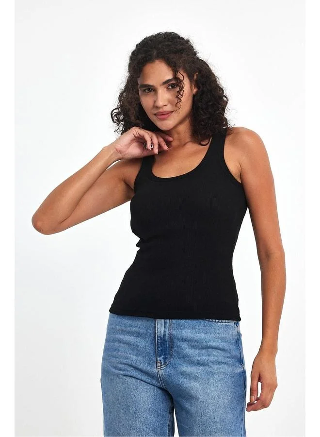 Mmetalic Women's Black Ribbed-Look Thick Basic Tank Top with Straps