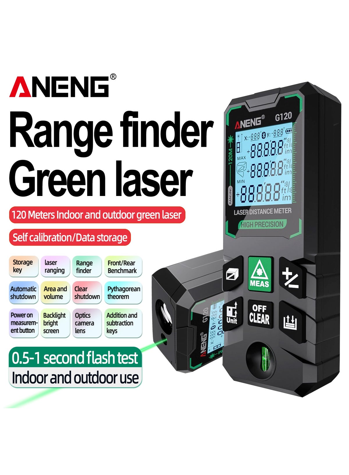 ANENG 50M/70M/100M/120M Digital Green Laser Distance Meter with Bubble ...