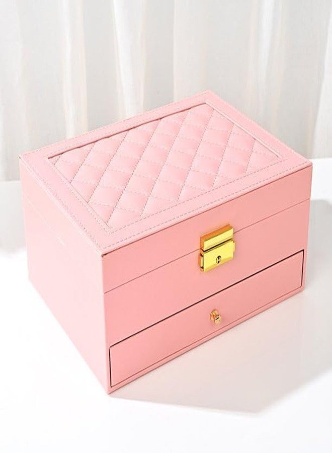 LEKORED Portable 2 Layer Makeup Storage Case Women Girl’s Jewelry Box Premium PU-Leather Travel Jewelry Makeup Accessories with Smart Key Lock for Necklace, Bracelet, Earrings, Rings (PINK) - Image 1