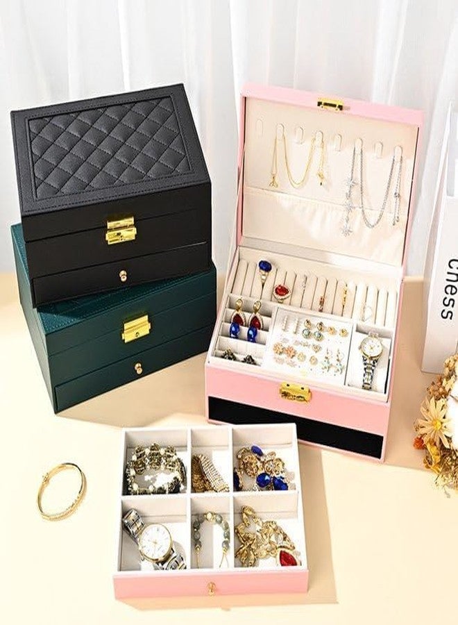 LEKORED Portable 2 Layer Makeup Storage Case Women Girl’s Jewelry Box Premium PU-Leather Travel Jewelry Makeup Accessories with Smart Key Lock for Necklace, Bracelet, Earrings, Rings (PINK) - Image 5