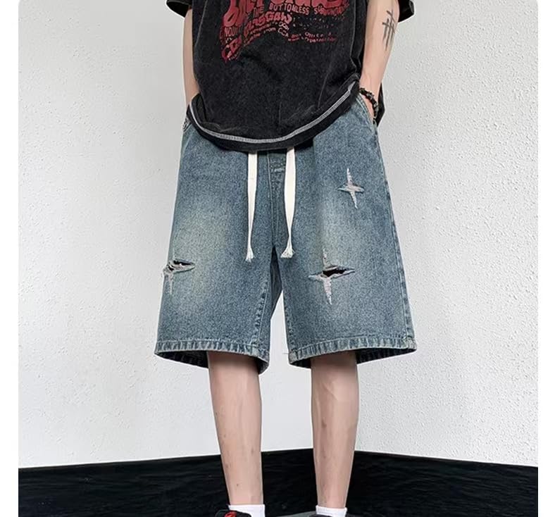 POHADON Y2K Blue Denim Shorts Summer Casual Loose Straight Leg Unisex Baggy Jeans Shorts Jorts Grunge Harajuku Streetwear (Blue,S) - Image 2