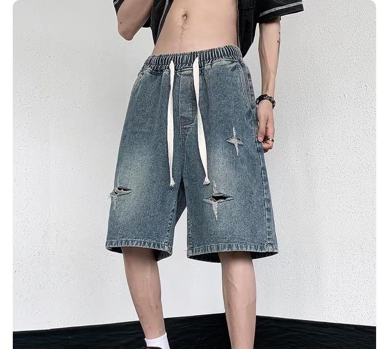 POHADON Y2K Blue Denim Shorts Summer Casual Loose Straight Leg Unisex Baggy Jeans Shorts Jorts Grunge Harajuku Streetwear (Blue,S) - Image 3