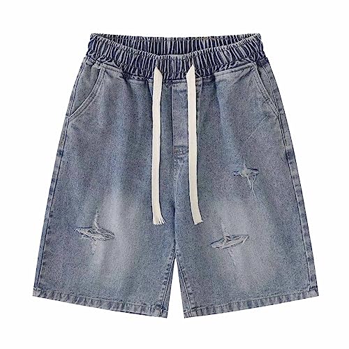 POHADON Y2K Blue Denim Shorts Summer Casual Loose Straight Leg Unisex Baggy Jeans Shorts Jorts Grunge Harajuku Streetwear (Blue,S) - Image 5