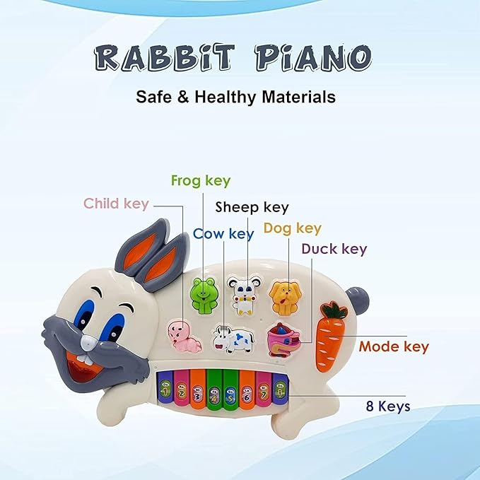 Toyporium Rabbit Musical Piano Keyboard with 3 Modes Animal Sounds, Flashing Lights & Wonderful Music Toy Game for Kids Children Multicolor - Image 2