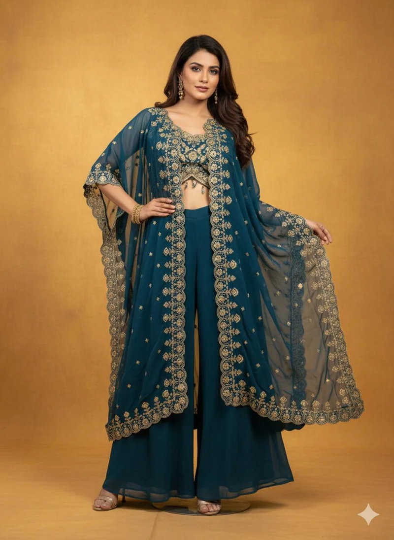 Lehar Green Embroidered Crop Top and Jacket Set with Palazzo Pants