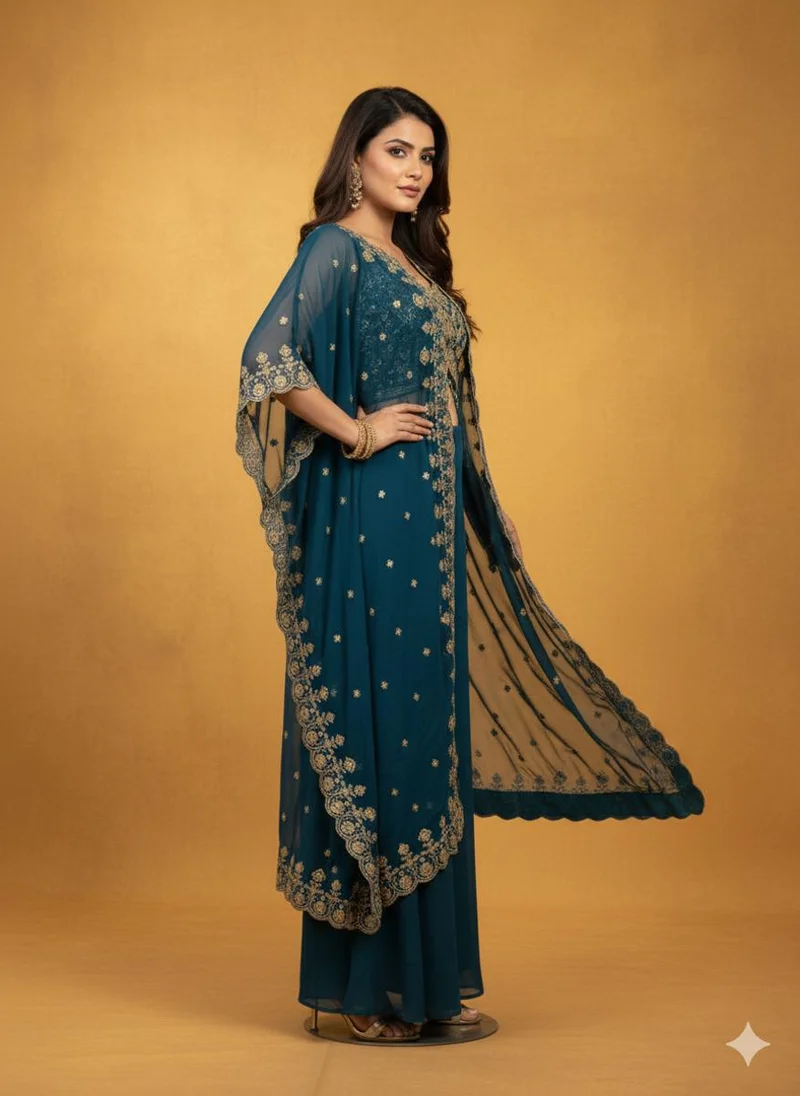 Lehar Green Embroidered Crop Top and Jacket Set with Palazzo Pants