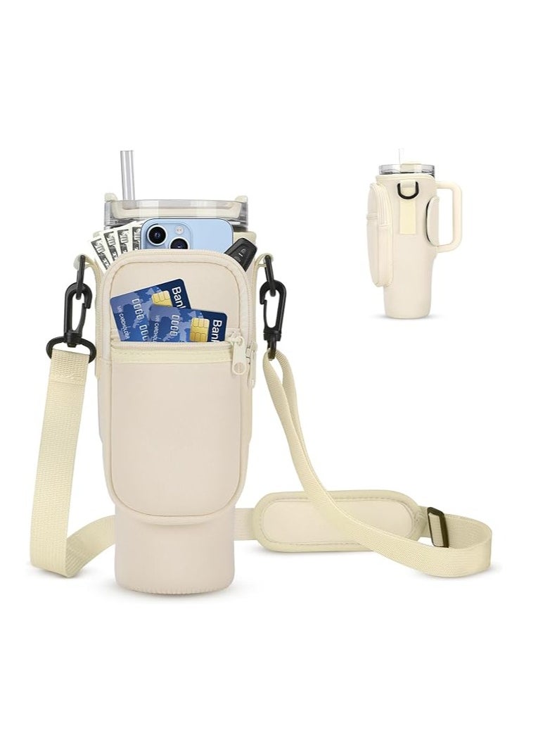 Generic Water Bottle Carrier Bag for Stanley 40oz Tumbler, Water Bottle Holder with Pouch and Adjustable Strap, Sleeve Accessories with Pocket for 40oz Cup (White)  - Image 1