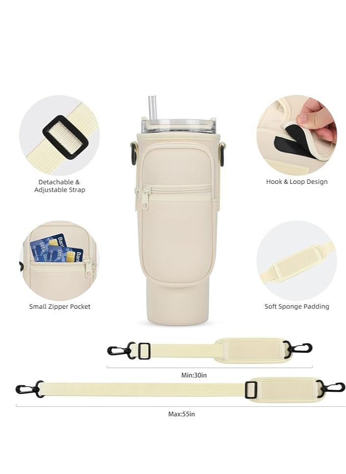 Generic Water Bottle Carrier Bag for Stanley 40oz Tumbler, Water Bottle Holder with Pouch and Adjustable Strap, Sleeve Accessories with Pocket for 40oz Cup (White)  - Image 3