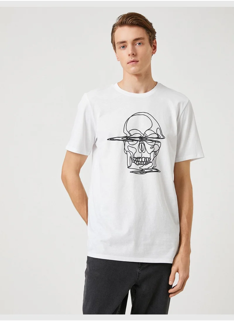 KOTON Skull Embroidered T-Shirt Crew Neck Cotton Short Sleeve