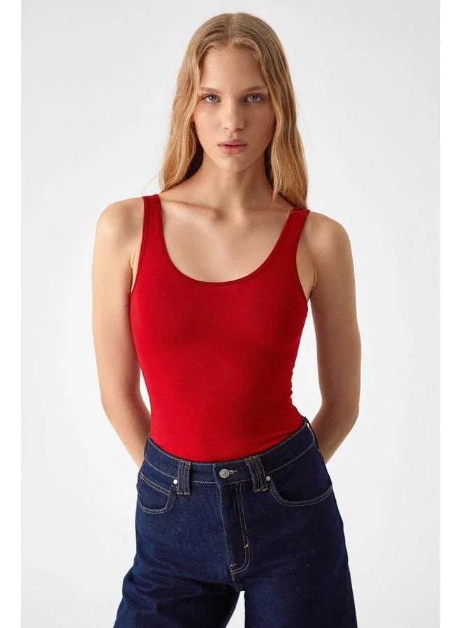 GRIMELANGE Chıles Women's Slim Fit Round Neck Sleeveless Snap Red Blouse