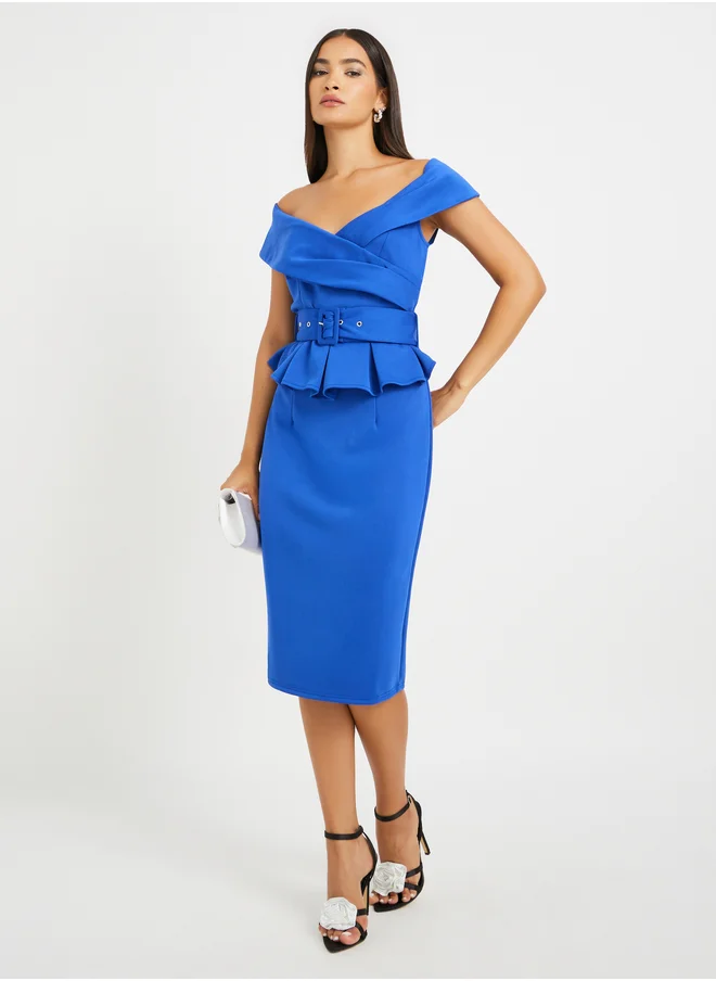 Styli Ruffle Detail Short Sleeves Sheath Midi Dress