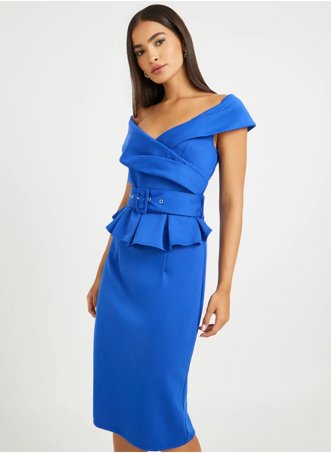 Styli Ruffle Detail Short Sleeves Sheath Midi Dress