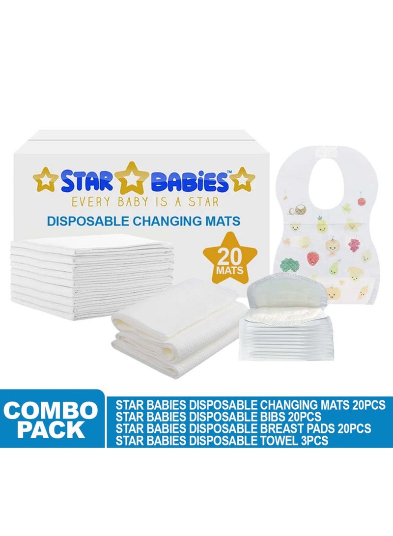 STAR BABiES حزمة كومبوز حصائر تغيير قابلة للاستخدام لمرة واحدة 45 × 60 سم 20 قطعة، مآزر 20 قطعة، وسادات صدر 20 قطعة، مناشف قابلة للاستخدام لمرة واحدة 3 قطع - بيضاء - Image 2