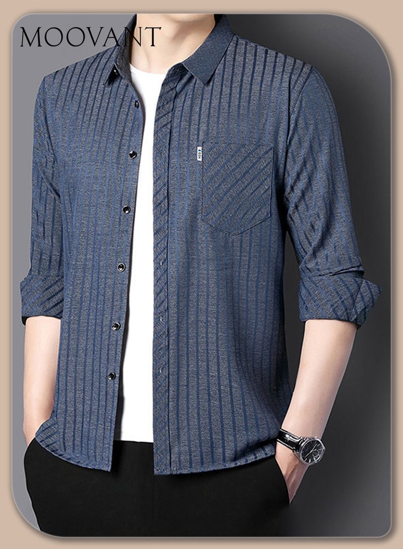 Moovant Men's Long Sleeve Shirt, Soft & Comfortable Mulberry Silk Fabric Pocket Striped Shirt, Outdoor Walking Wear Top Shirt Coat, Men Daily Business Casual Clothing, Blue  - Image 1