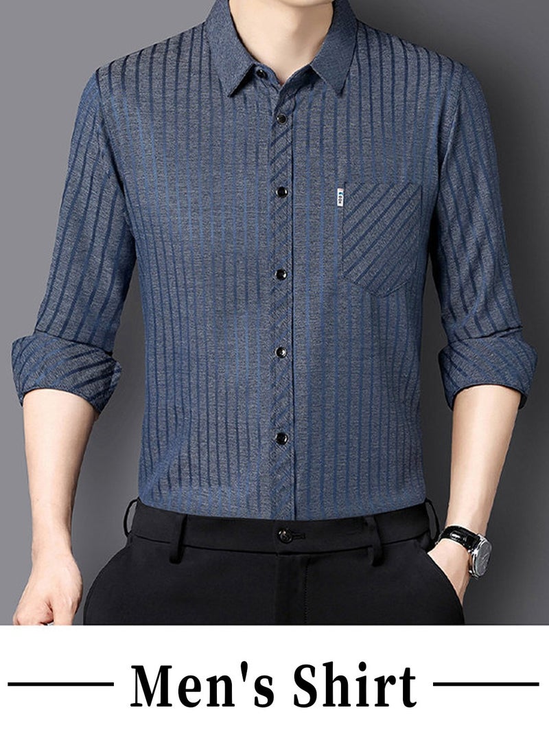 Moovant Men's Long Sleeve Shirt, Soft & Comfortable Mulberry Silk Fabric Pocket Striped Shirt, Outdoor Walking Wear Top Shirt Coat, Men Daily Business Casual Clothing, Blue  - Image 2