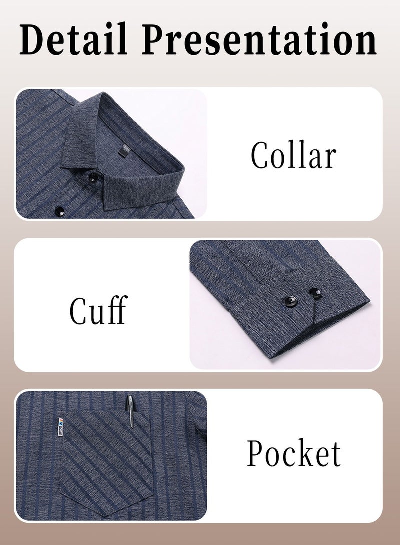 Men's Long Sleeve Shirt, Soft & Comfortable Mulberry Silk Fabric Pocket Striped Shirt, Outdoor Walking Wear Top Shirt Coat, Men Daily Business Casual Clothing, Blue