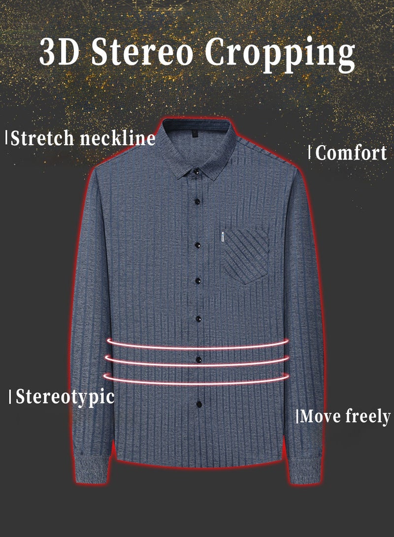 Moovant Men's Long Sleeve Shirt, Soft & Comfortable Mulberry Silk Fabric Pocket Striped Shirt, Outdoor Walking Wear Top Shirt Coat, Men Daily Business Casual Clothing, Blue  - Image 4