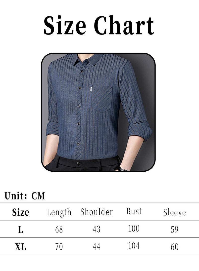 Men's Long Sleeve Shirt, Soft & Comfortable Mulberry Silk Fabric Pocket Striped Shirt, Outdoor Walking Wear Top Shirt Coat, Men Daily Business Casual Clothing, Blue
