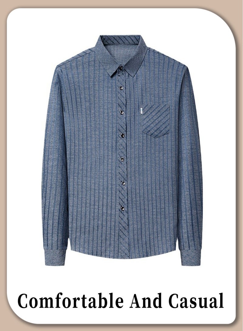 Men's Long Sleeve Shirt, Soft & Comfortable Mulberry Silk Fabric Pocket Striped Shirt, Outdoor Walking Wear Top Shirt Coat, Men Daily Business Casual Clothing, Blue