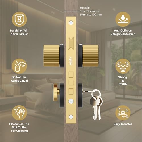 GLOXY Zinc Door Knob Handle for Main Door Mortise Lock Pull Handle Left & Right Door Lock with 3 Key Lock Body & Cylinder for Office |Gold & Black Finish (2 Years Warranty, Pack of 1) - Image 2