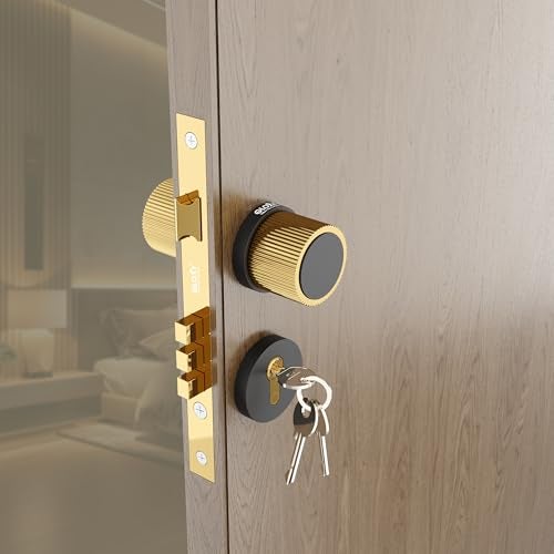 GLOXY Zinc Door Knob Handle for Main Door Mortise Lock Pull Handle Left & Right Door Lock with 3 Key Lock Body & Cylinder for Office |Gold & Black Finish (2 Years Warranty, Pack of 1) - Image 1