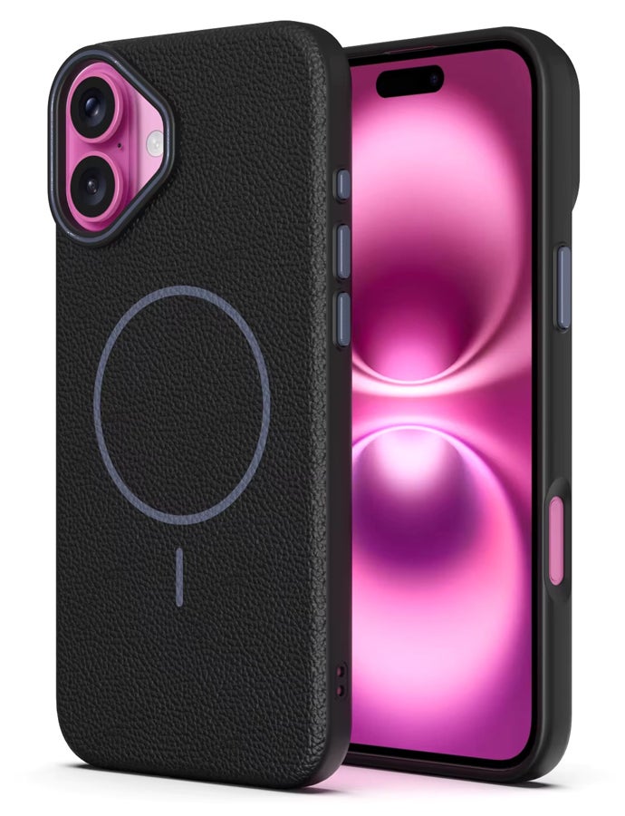 Magsafe Phone Case For iPhone 16 With High Quality Rubber Frame And Slim Lychee Pattern Leather Case with Camera Lens Protection Shockproof Cover And support wireless Charging Leather Cover for iPhone 16 - Black - Image 1