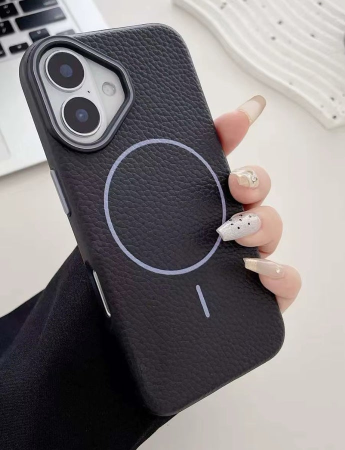 Magsafe Phone Case For iPhone 16 With High Quality Rubber Frame And Slim Lychee Pattern Leather Case with Camera Lens Protection Shockproof Cover And support wireless Charging Leather Cover for iPhone 16 - Black - Image 3