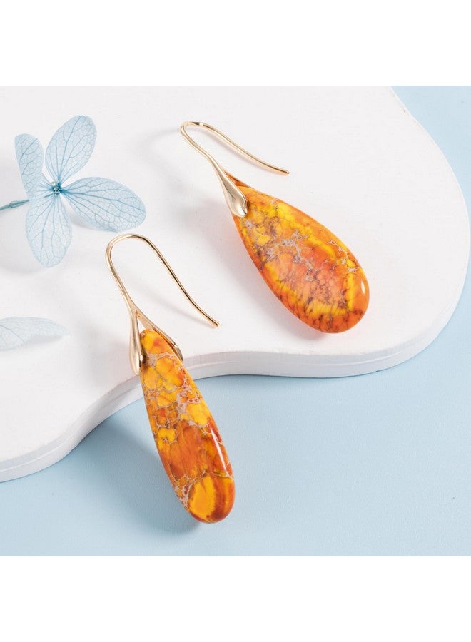 SELOVO Orange Teardrop Stone Dangle Drop Fishhook Earrings Gold Tone - Image 3
