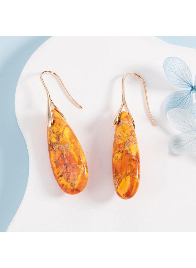 SELOVO Orange Teardrop Stone Dangle Drop Fishhook Earrings Gold Tone - Image 2