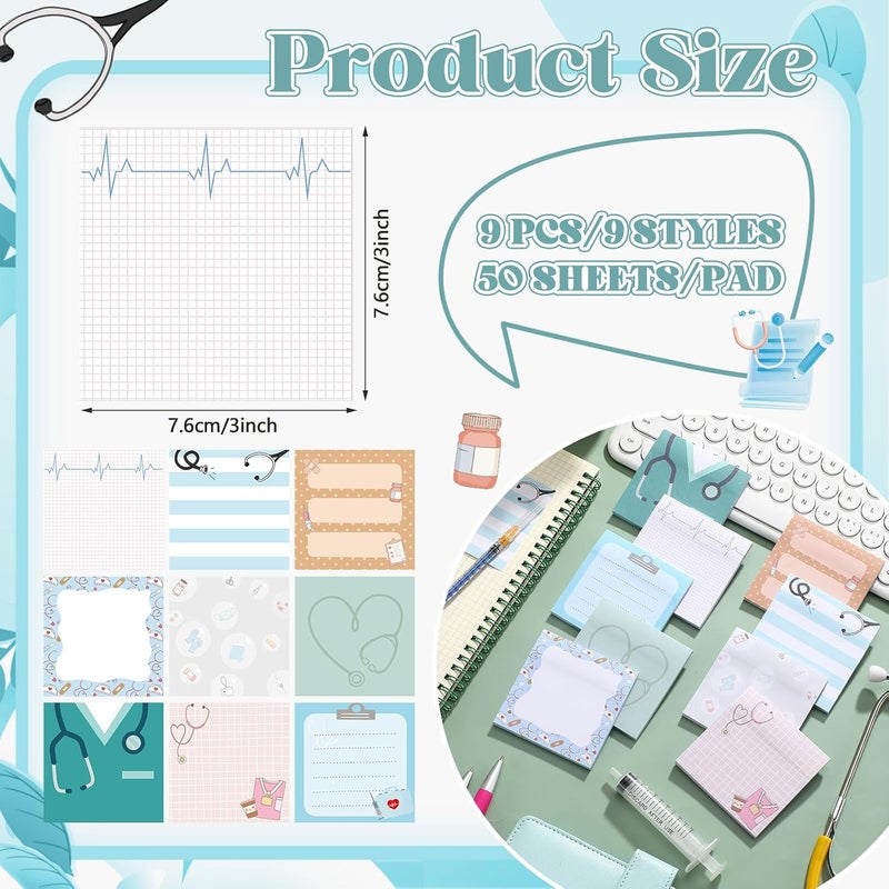 Saypacck 9 Pcs Aesthetic Sticky Notes Cute Pastel Self Stick Notepads Easy to Post Desk Supplies for Home Office Decor School Accessories Women Birthday Coworker Gifts(Doctor) - Image 2
