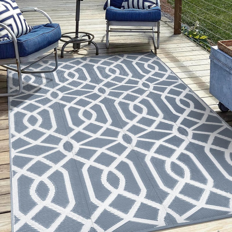 wikiwiki 6x9ft Outdoor Rug Waterproof Reversible Mat Outdoor Rugs Carpet Small Indoor Area Rug Plastic Straw Rug for Patio Deck Balcony Pool RV Camping Beach Picnic GreyWhite