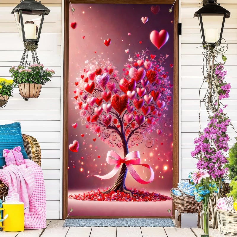 BlissYard Valentineâ€™s Day Door Cover 71x35 Inch Heart Pattern Door Banner with Cupid and Plaid Design Romantic Decoration for Front Door Indoor Outdoor Valentine Party Backdrop Love Door Hanging Decor - Image 4