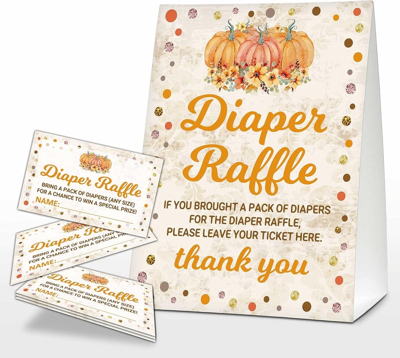 Eyouyeqi Thanksgiving Diaper Raffle Sign Rustic Fall Baby Shower Game Little Pumpkin Diaper Raffle Tickets Autumn Baby Shower Decorations For Boys Girls  1 Sign  50 Find Cards  01 - Image 1