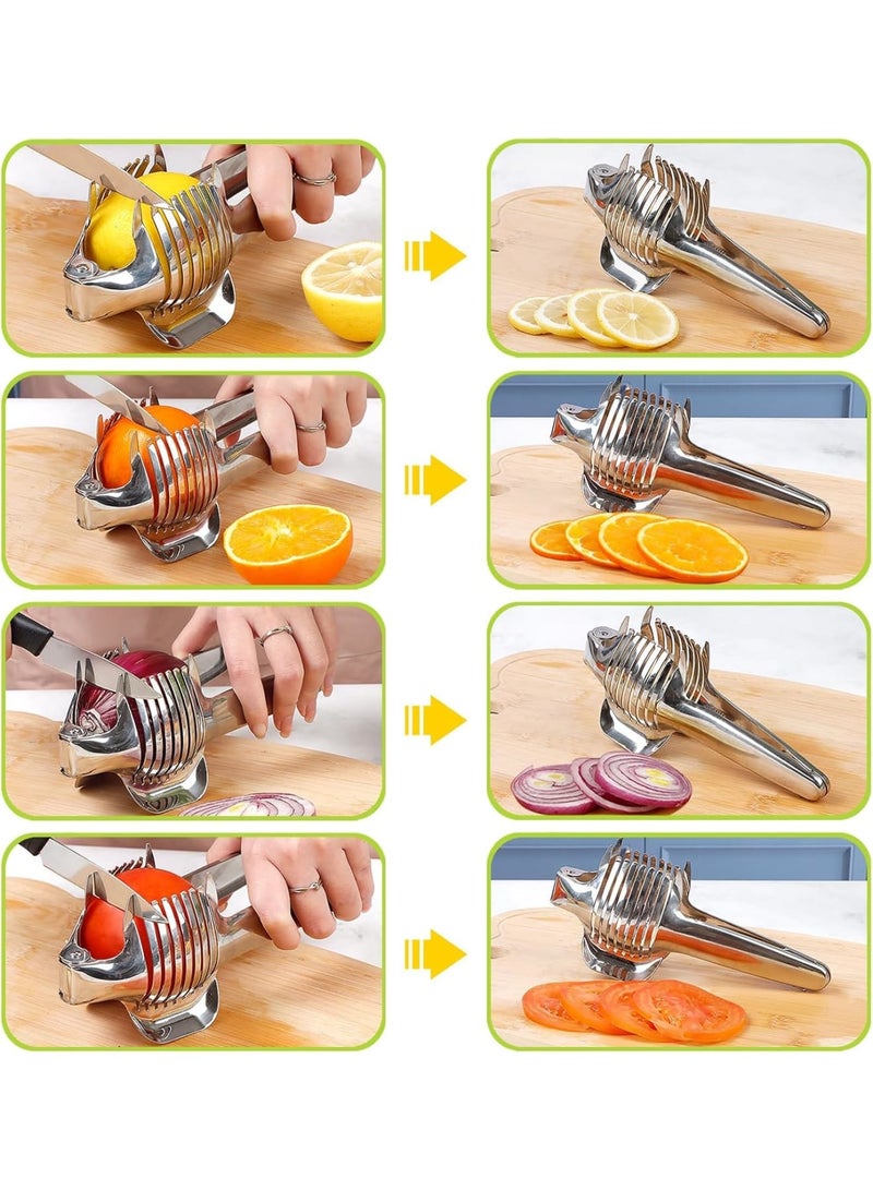 SYOSI Food Slicer for Kitchen, Stainless Steel Vegetable Cutter Holder for Tomato Lemon Onion Potato, Multi-Purpose Handheld Slicing Tool for Home Use, Anti-Slip Round Tongs Design - Image 2