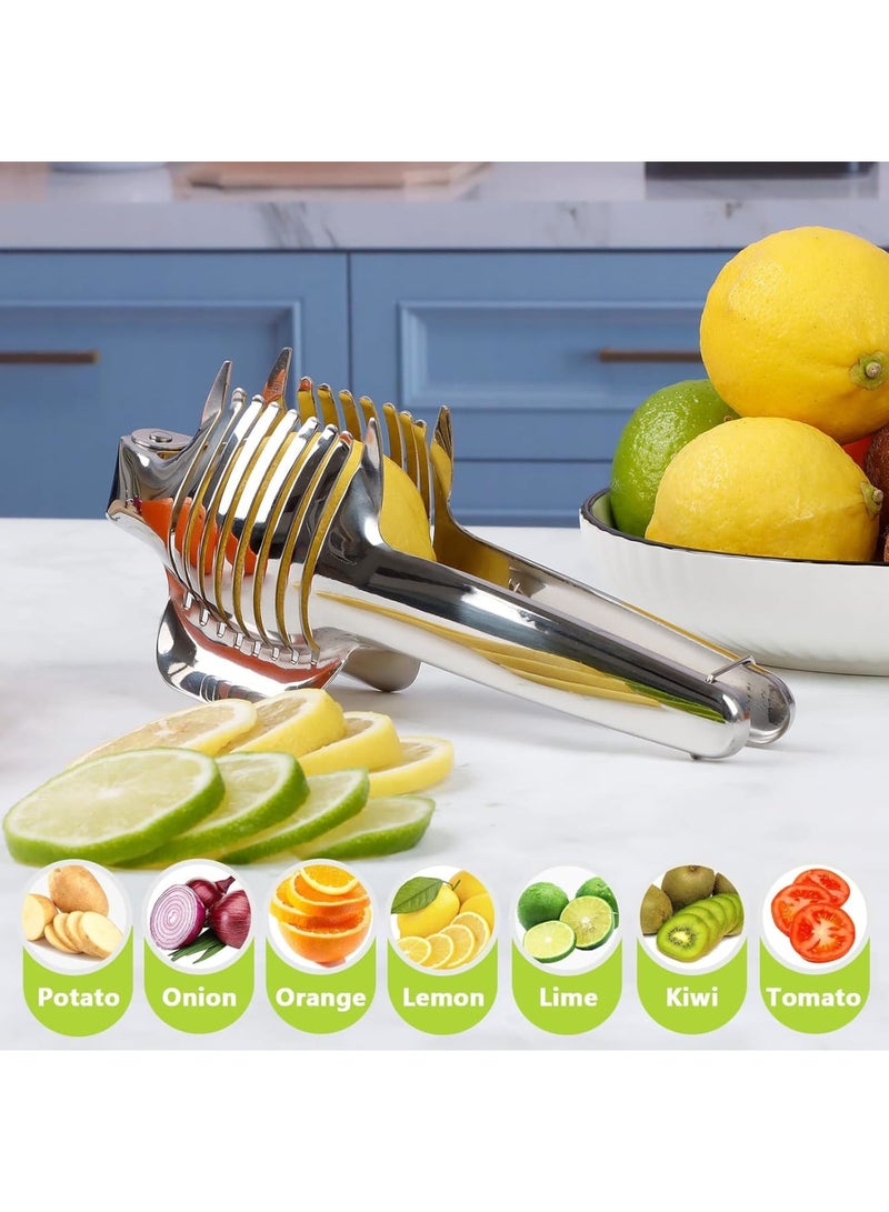 SYOSI Food Slicer for Kitchen, Stainless Steel Vegetable Cutter Holder for Tomato Lemon Onion Potato, Multi-Purpose Handheld Slicing Tool for Home Use, Anti-Slip Round Tongs Design - Image 4