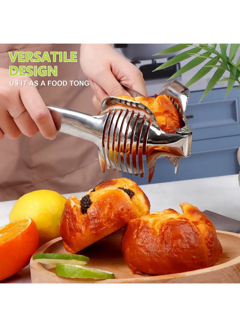 SYOSI Food Slicer for Kitchen, Stainless Steel Vegetable Cutter Holder for Tomato Lemon Onion Potato, Multi-Purpose Handheld Slicing Tool for Home Use, Anti-Slip Round Tongs Design - Image 5