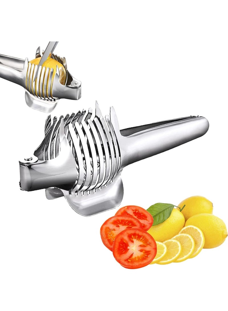 SYOSI Food Slicer for Kitchen, Stainless Steel Vegetable Cutter Holder for Tomato Lemon Onion Potato, Multi-Purpose Handheld Slicing Tool for Home Use, Anti-Slip Round Tongs Design - Image 1
