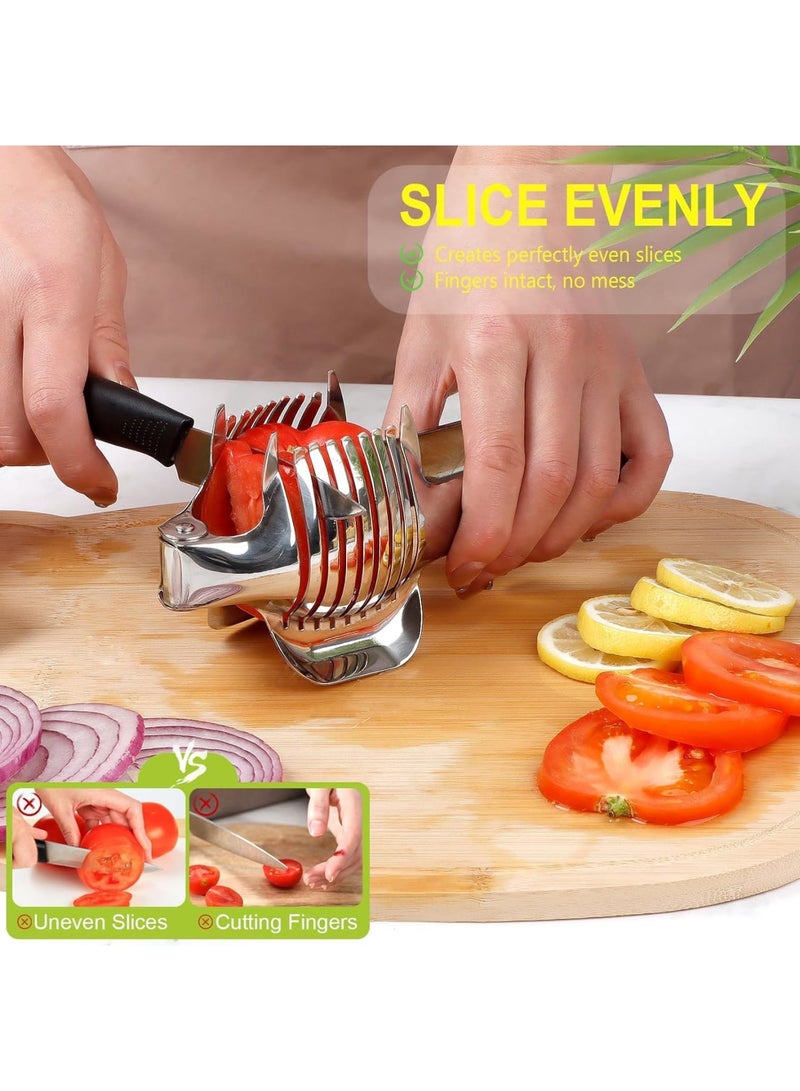SYOSI Food Slicer for Kitchen, Stainless Steel Vegetable Cutter Holder for Tomato Lemon Onion Potato, Multi-Purpose Handheld Slicing Tool for Home Use, Anti-Slip Round Tongs Design - Image 3