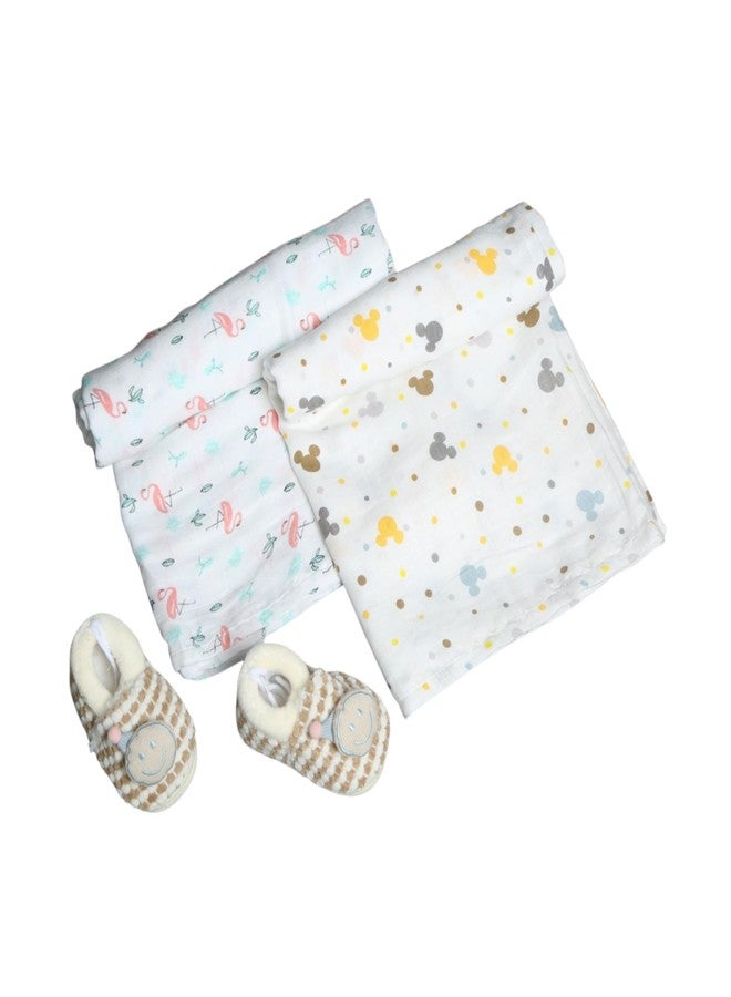 Coocuddle Bamboo Muslin Swaddle: Flamingo and Cartoon - Set of Two, Organic Cotton, Soft & Breathable, Ideal for Newborns, Perfect for Swaddling, Daily Use & Baby Sleep - Image 1