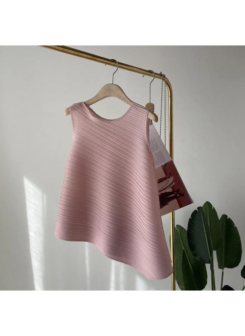 Simple Versatile Slimming Asymmetrical Solid Color Pleated Sleeveless Vest Unique Design High End Multicolor Tank Top Sakura Powder Vest