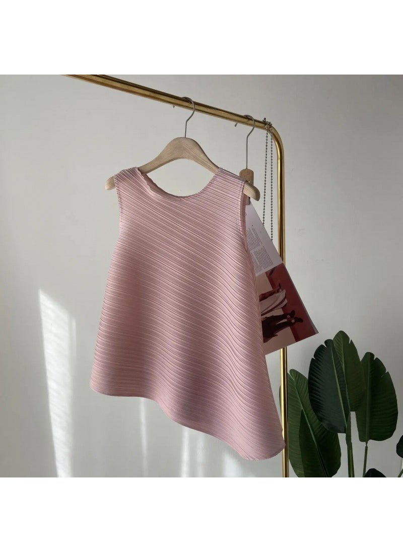 Simple Versatile Slimming Asymmetrical Solid Color Pleated Sleeveless Vest Unique Design High End Multicolor Tank Top Sakura Powder Vest