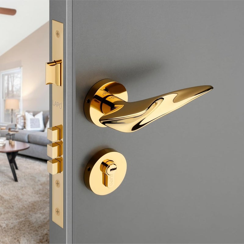 LAPO قفل باب لابو ديلوكس للباب الرئيسي قفل باب لغرفة النوم مجموعة قفل باب مورتيس مجموعة مقابض قفل الباب مع 3 مفاتيح نحاسية للمنزل المكتب الفندق تشطيب ذهبي ضمان 3 سنوات RO178 - Image 1