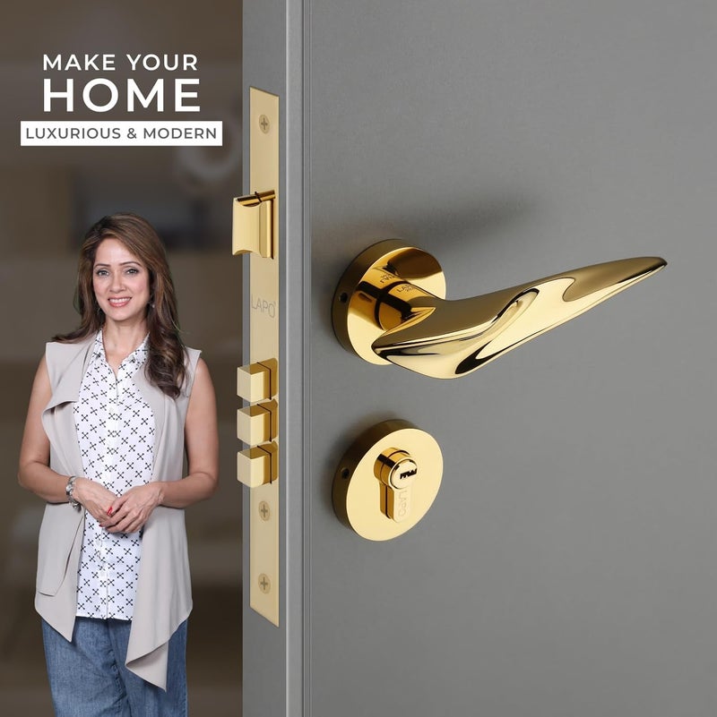 LAPO قفل باب لابو ديلوكس للباب الرئيسي قفل باب لغرفة النوم مجموعة قفل باب مورتيس مجموعة مقابض قفل الباب مع 3 مفاتيح نحاسية للمنزل المكتب الفندق تشطيب ذهبي ضمان 3 سنوات RO178 - Image 2