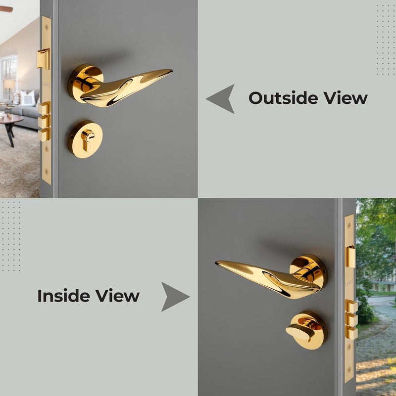 LAPO قفل باب لابو ديلوكس للباب الرئيسي قفل باب لغرفة النوم مجموعة قفل باب مورتيس مجموعة مقابض قفل الباب مع 3 مفاتيح نحاسية للمنزل المكتب الفندق تشطيب ذهبي ضمان 3 سنوات RO178 - Image 3