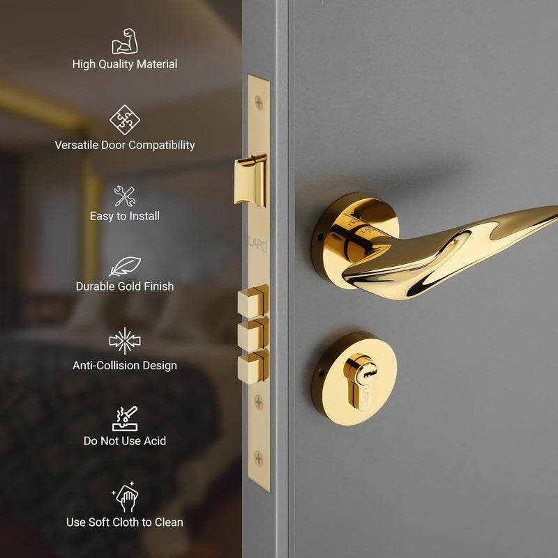 LAPO قفل باب لابو ديلوكس للباب الرئيسي قفل باب لغرفة النوم مجموعة قفل باب مورتيس مجموعة مقابض قفل الباب مع 3 مفاتيح نحاسية للمنزل المكتب الفندق تشطيب ذهبي ضمان 3 سنوات RO178 - Image 4