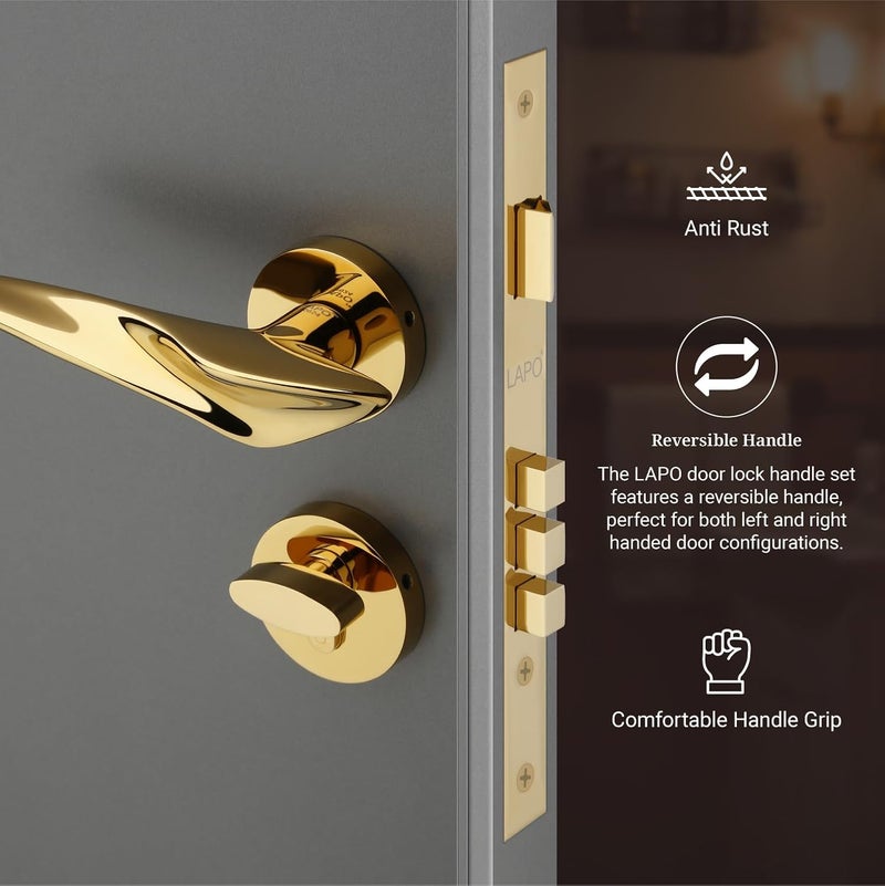 LAPO قفل باب لابو ديلوكس للباب الرئيسي قفل باب لغرفة النوم مجموعة قفل باب مورتيس مجموعة مقابض قفل الباب مع 3 مفاتيح نحاسية للمنزل المكتب الفندق تشطيب ذهبي ضمان 3 سنوات RO178 - Image 5