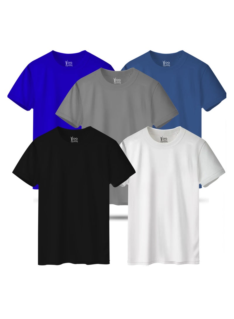 Yoo Street Bundle of 5 Classic T-Shirts -BLACK WHITE GRAY BLUE LIGHT INDIGO