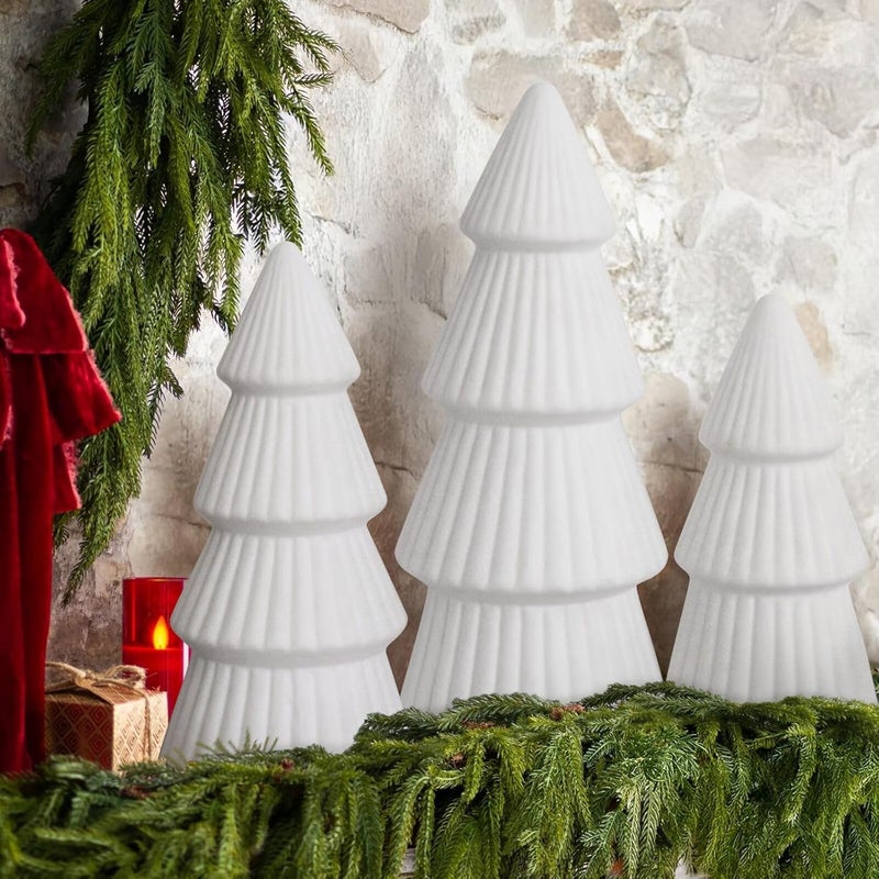 MOREDOTS Christmas Decorations - Set of 3 Velvet Ceramic Christmas Trees - Modern Cone Indoor Christmas Decoration Centerpieces for Table Mantel and Living Room Home Decor (White) - Image 1