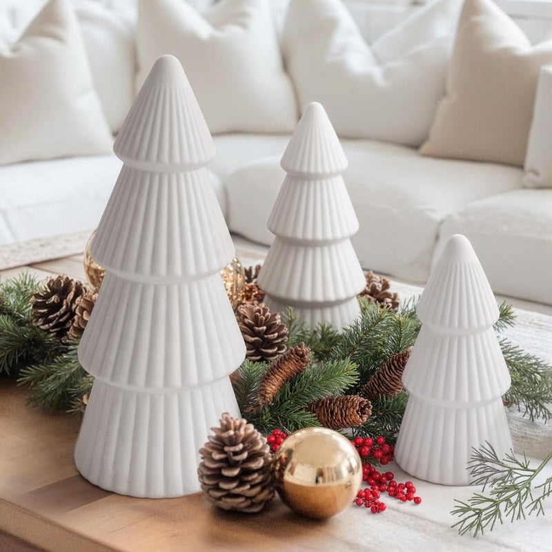 MOREDOTS Christmas Decorations - Set of 3 Velvet Ceramic Christmas Trees - Modern Cone Indoor Christmas Decoration Centerpieces for Table Mantel and Living Room Home Decor (White) - Image 5